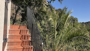A staircase with terracotta steps leading up to a house, surrounded by lush greenery and trees.