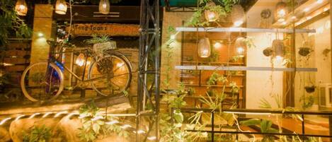 Un interior rústico con una bicicleta, plantas colgantes y un letrero que dice 'Song Toons'.