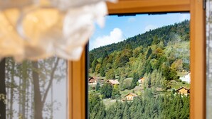 Une fenêtre donnant sur une colline boisée et sur des maisons.