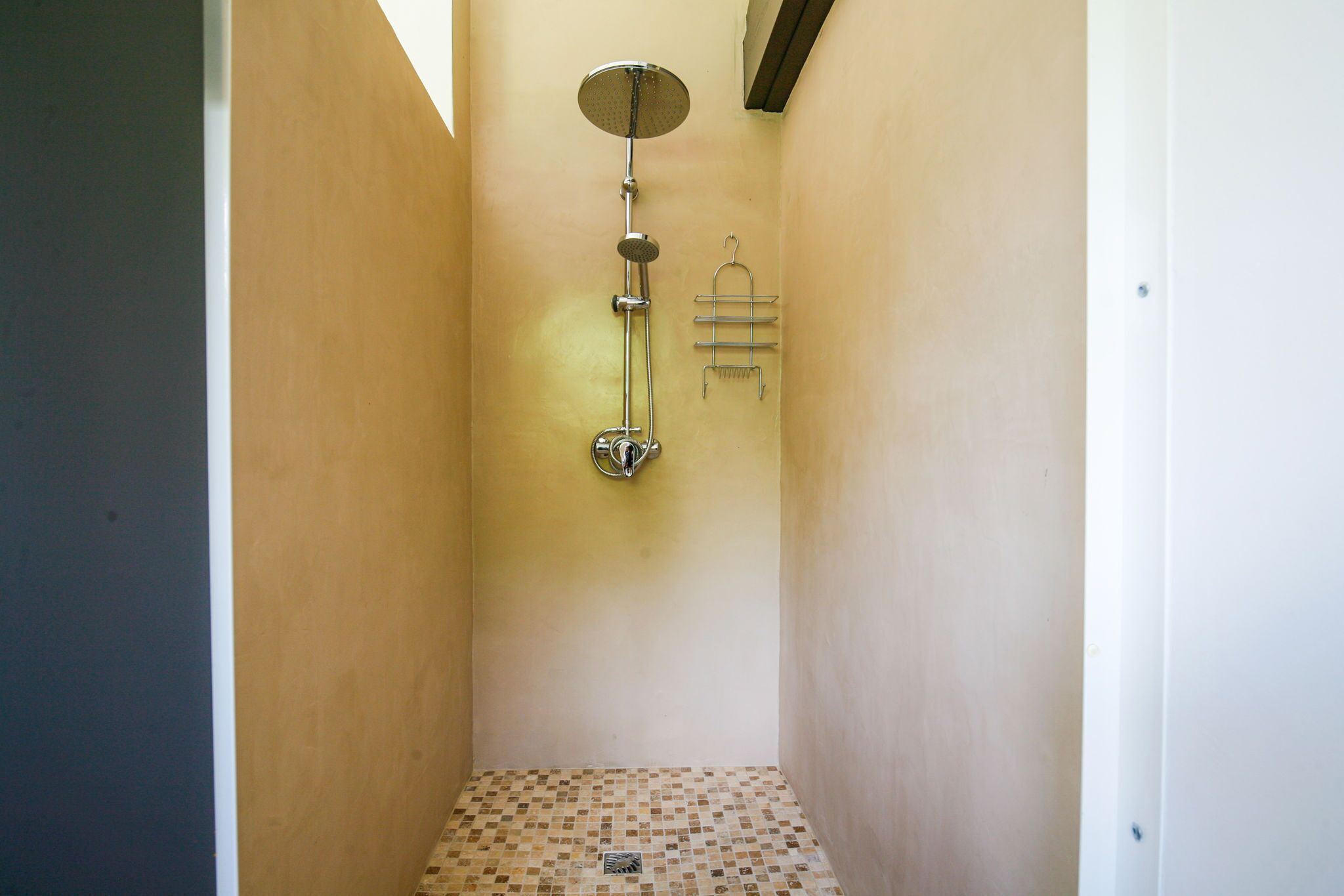 A narrow shower area with a tiled floor, a showerhead, and a towel rack.