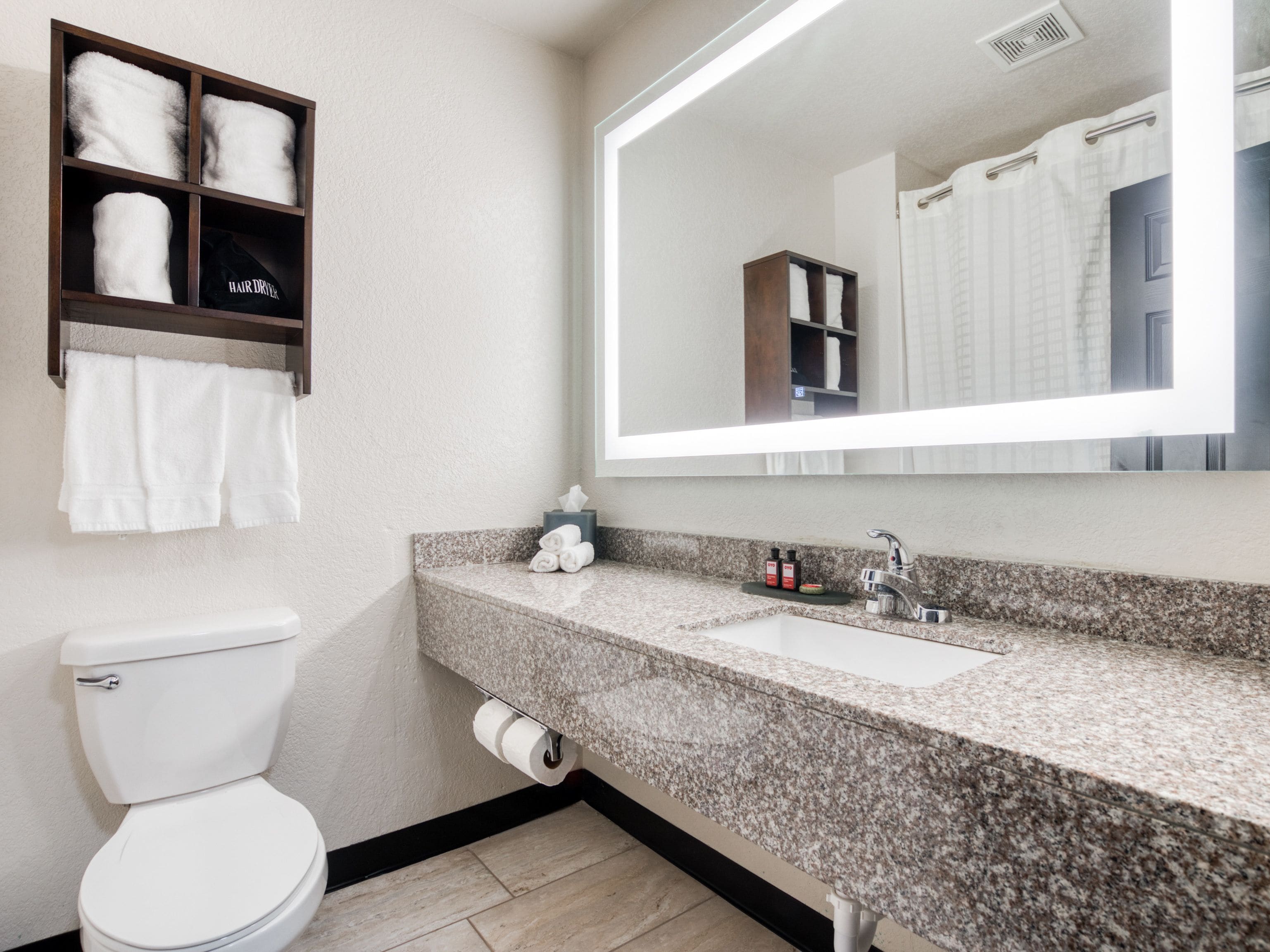 Shower, free toiletries, hair dryer, towels