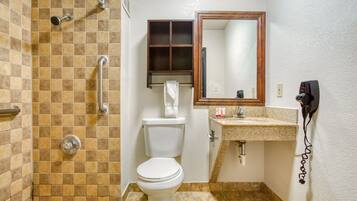 A bathroom with a shower, toilet, sink, and a mirror.