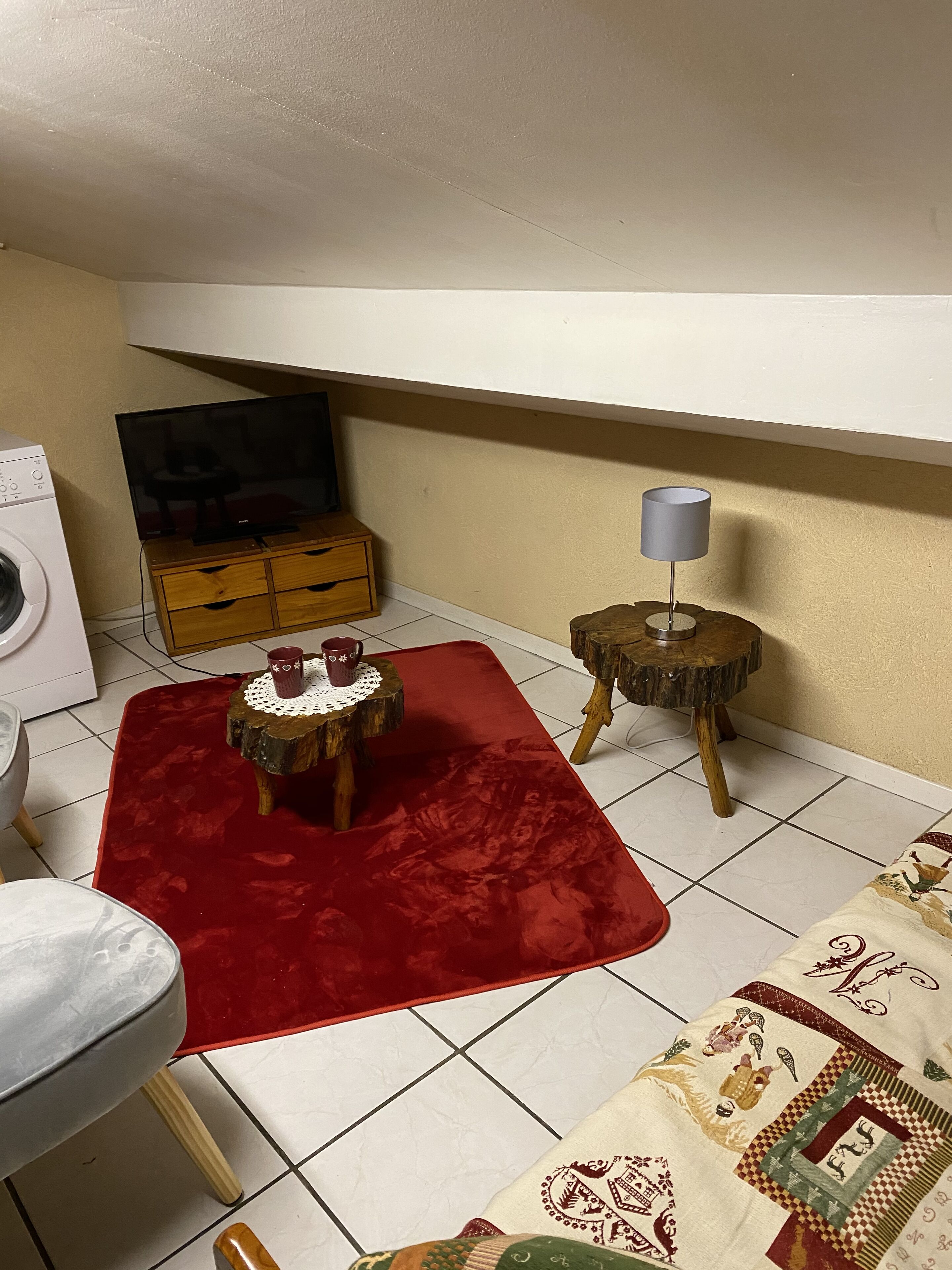 A small, compact living space with a red rug, wooden furniture, a television, and a washing machine.