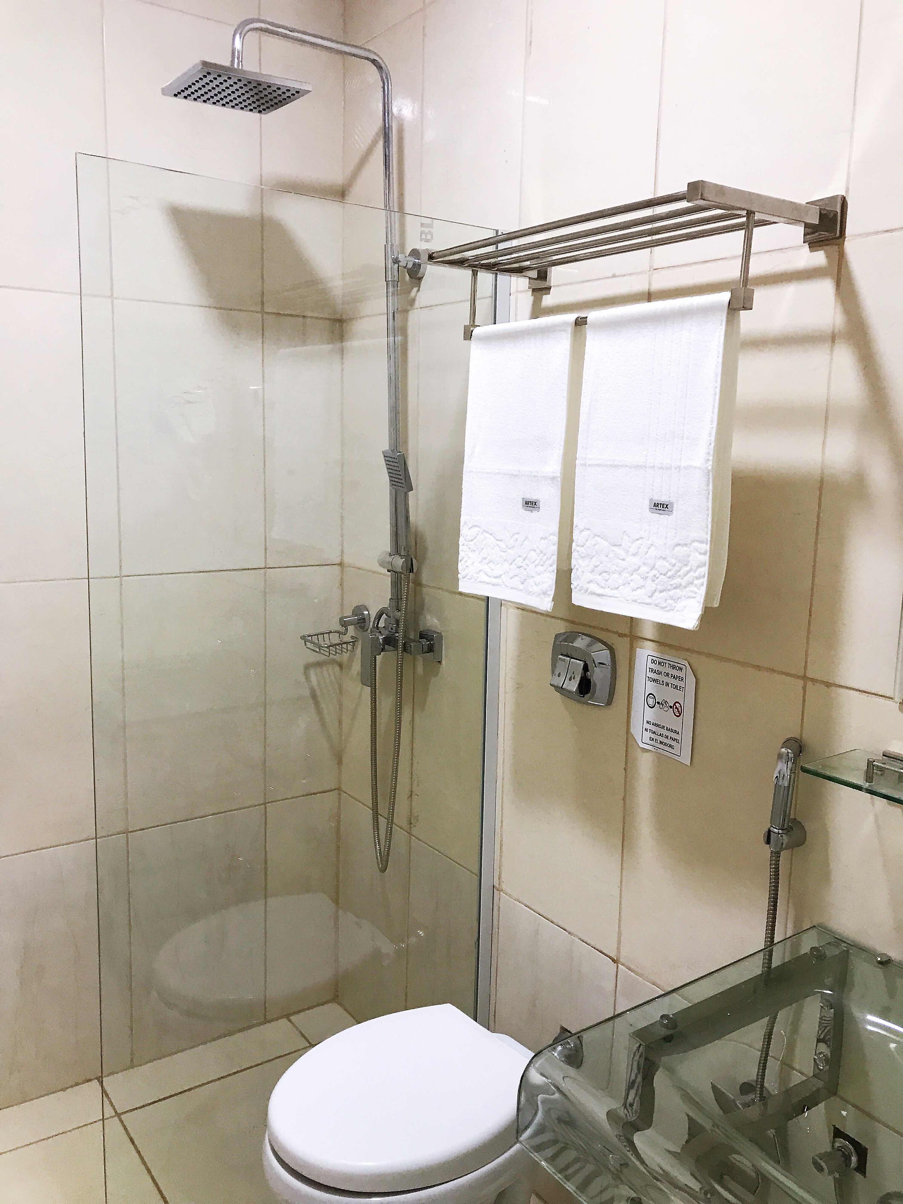 A bathroom with a glass-enclosed shower, a toilet, and a glass sink.