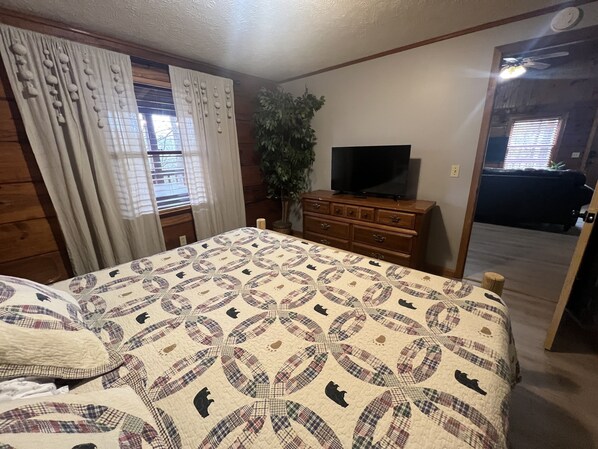 A bedroom with a bed, a dresser, a television, and a plant. - Winter Special in quiet woods (Sevierville)