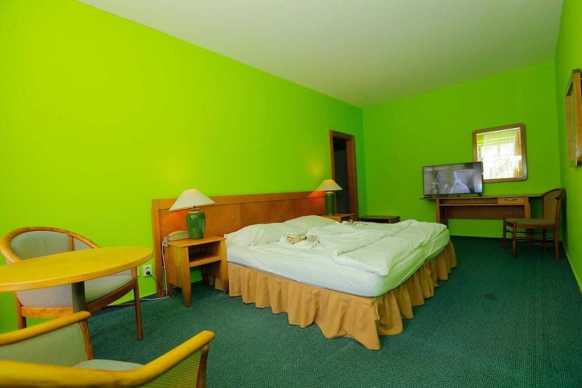 Habitación de hotel con cama, escritorio, silla, televisión y ventana.