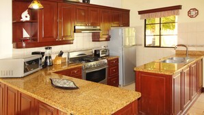 A kitchen with granite countertops, wooden cabinets, a stove, a refrigerator, and a window with a view of trees. - Casa Dror Gran Pacifica Resort (Villa El Carmen)