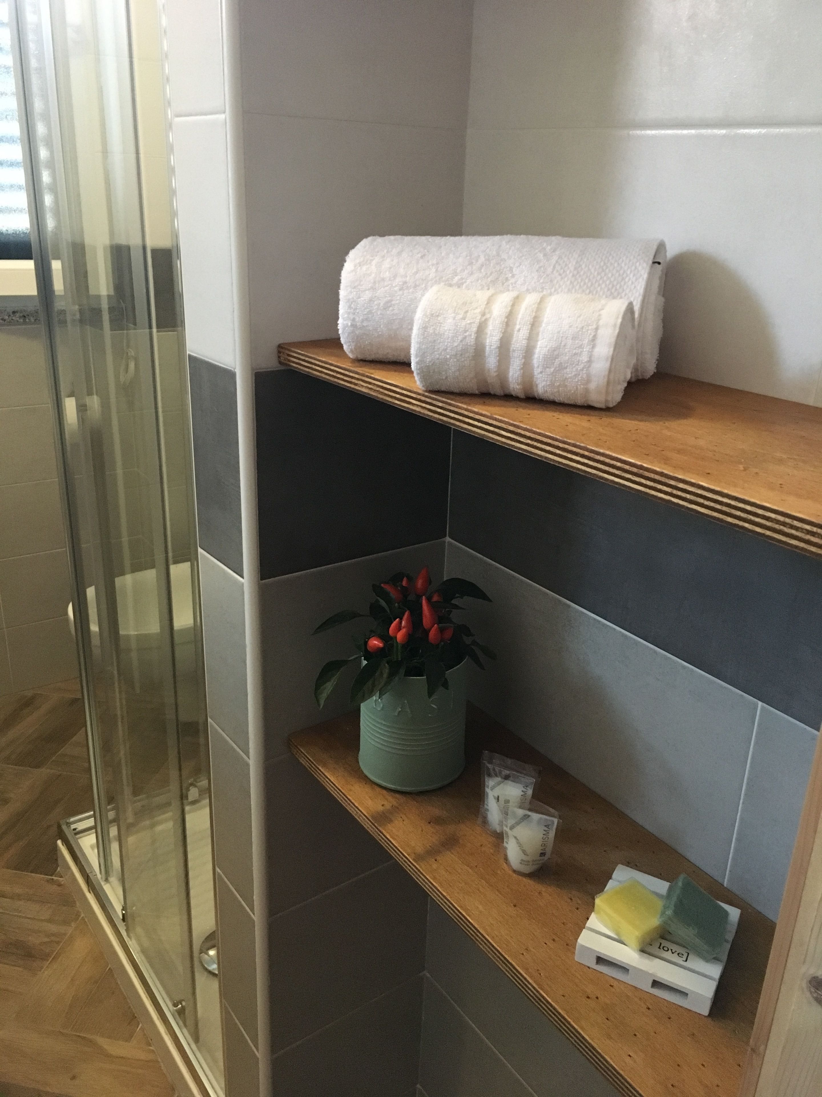 A bathroom with a glass shower door, a towel rack with folded towels, a potted plant, and a shelf with toiletries.