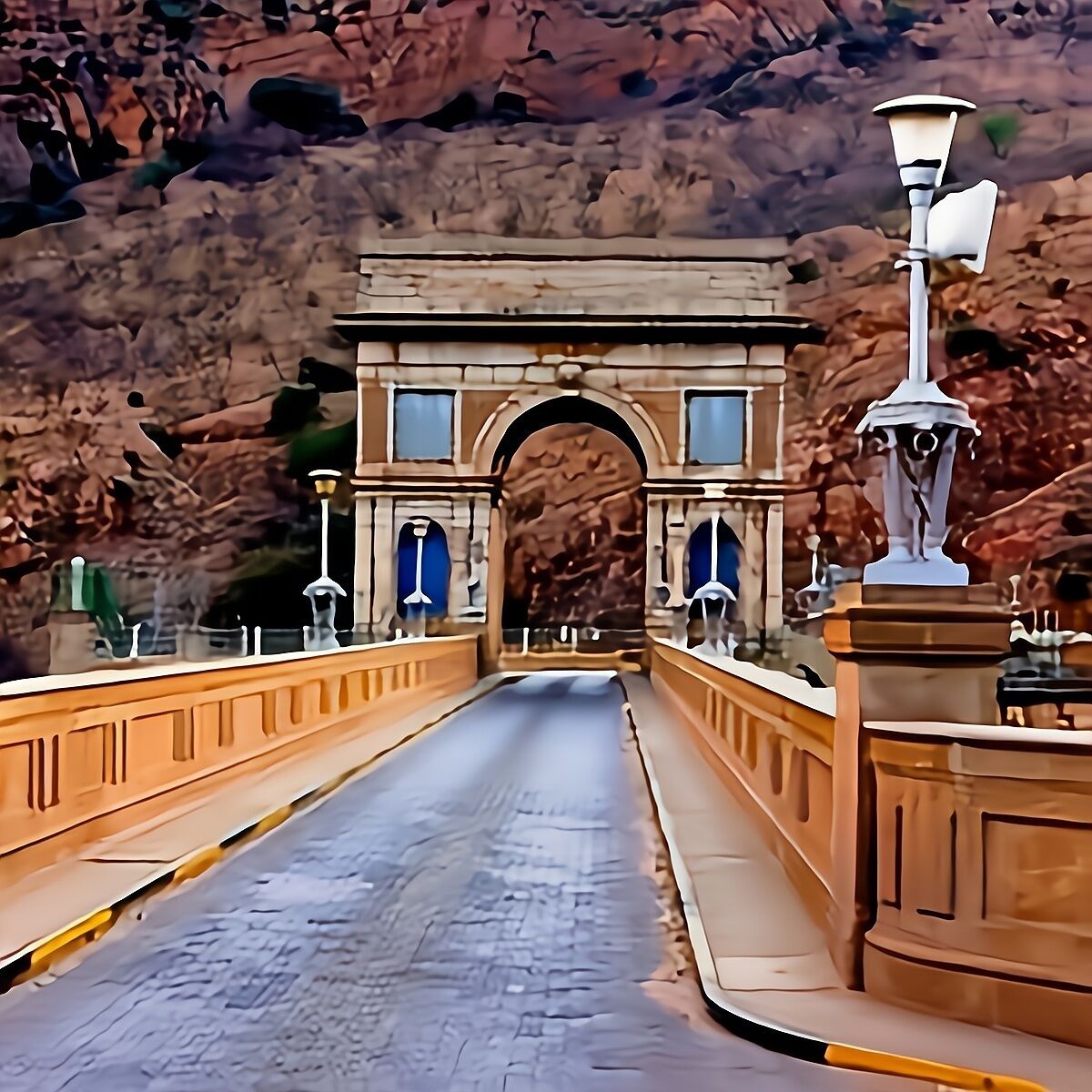 Un arco de piedra que conduce a un puente con barandillas y farolas.