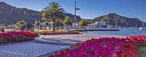 A marina with boats, a gazebo, and a landscaped area with flowers. - 3 & 4 Bedroom Houses in Seaview Crescent (Picton)