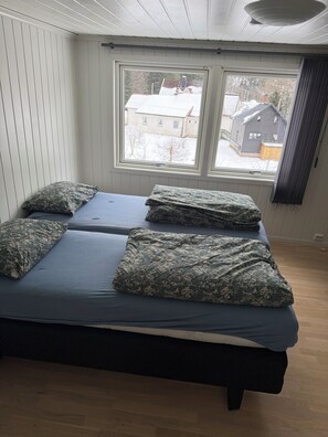 Una habitación con dos camas, cada una con almohadas estampadas y ropa de cama azul. Se ve una ventana con vistas a edificios y árboles.