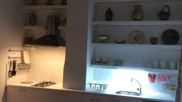 A compact kitchen with a built-in stove, a sink, and a washing machine.
