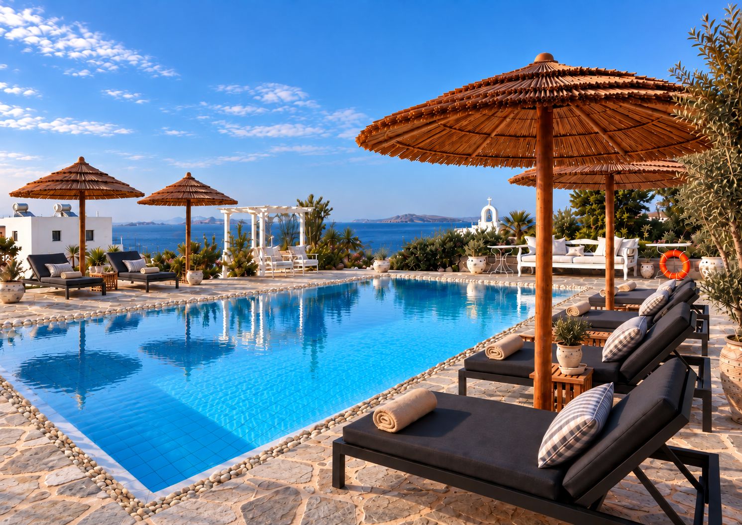 Un espace aménagé au bord de la piscine, avec des chaises longues, des parasols et une vue sur la mer.