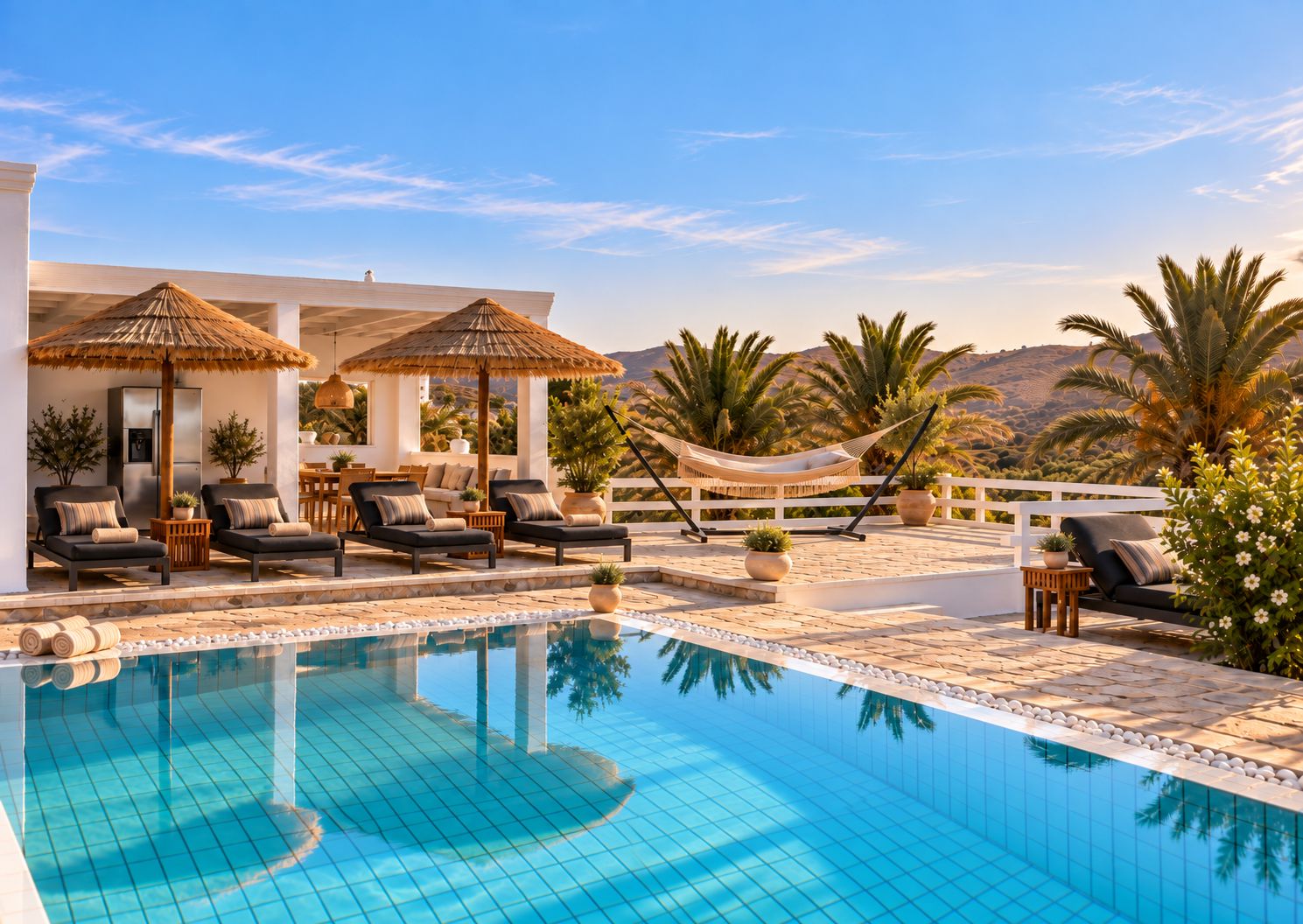 Un espace aménagé au bord de la piscine, avec des chaises longues, un hamac et une vue sur les palmiers et les collines.