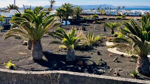 A rooftop garden with palm trees and a view of white buildings and mountains in the distance. - Faro Park, Luxury Villa (VV), heated pool, Sea views,500m shops/bars/restaurants (Playa Blanca)