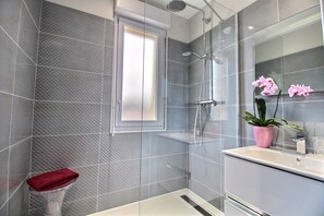 Shower, hair dryer, towels
