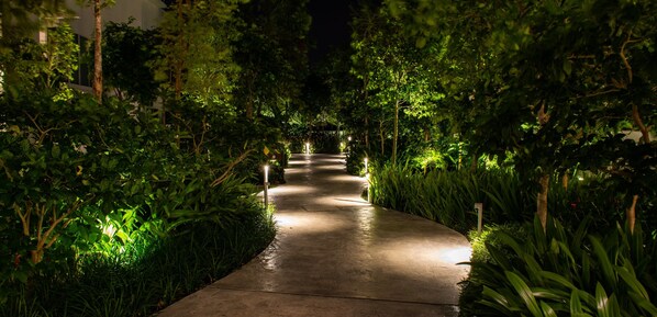 A well-lit pathway surrounded by lush greenery, leading to a building entrance.