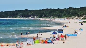 On the beach, sun-loungers