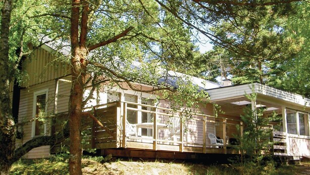 Eine Hütte mit Veranda, umgeben von Bäumen.
