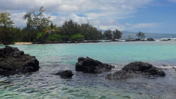 A beach with clear turquoise water, dark volcanic rocks, and dense green foliage. - Large comfy house big enough for 2 families next to ocean on Kaloli point (Keaau)