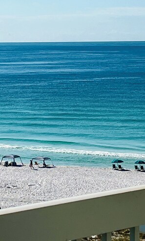 On the beach, sun-loungers