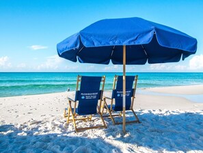 On the beach, sun loungers