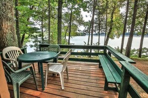 Outdoor dining - Lakeside resort cabin right on Little Saint with dock, sandy beach, firepit! (St.Germain)