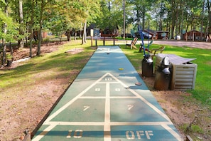 Un terrain de jeu de shuffleboard doté d’une surface verte, de zones de marquage numérotées et de palets de shuffleboard.