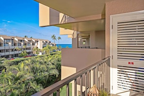 A hotel balcony with a view of the ocean and palm trees.