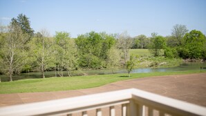 Une vue sur une rivière, avec des arbres et une zone herbeuse.