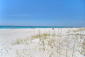 Una playa con dunas de arena, cielo despejado y mar tranquilo.