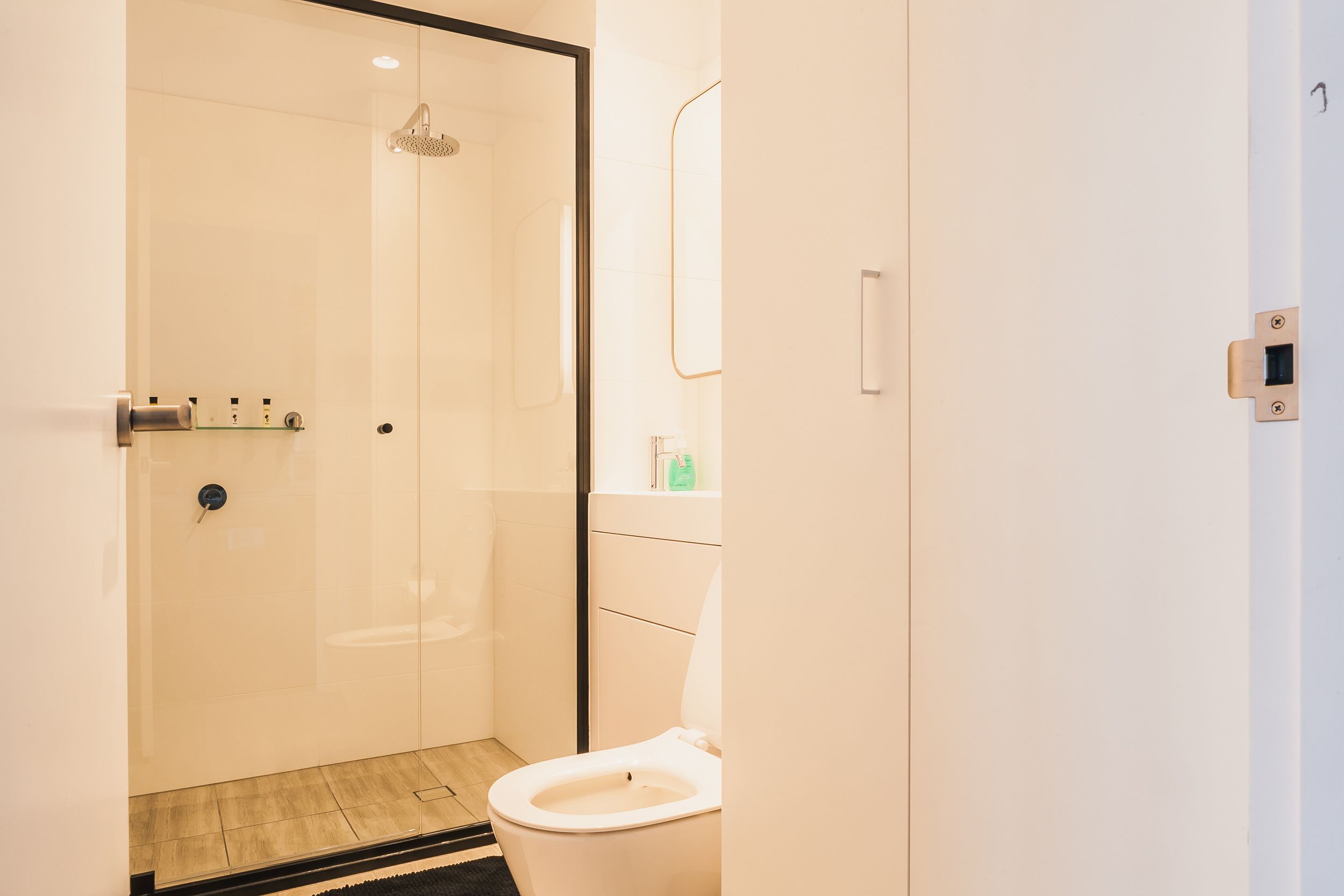 A modern bathroom with a glass-enclosed shower, a toilet, and a mirror.