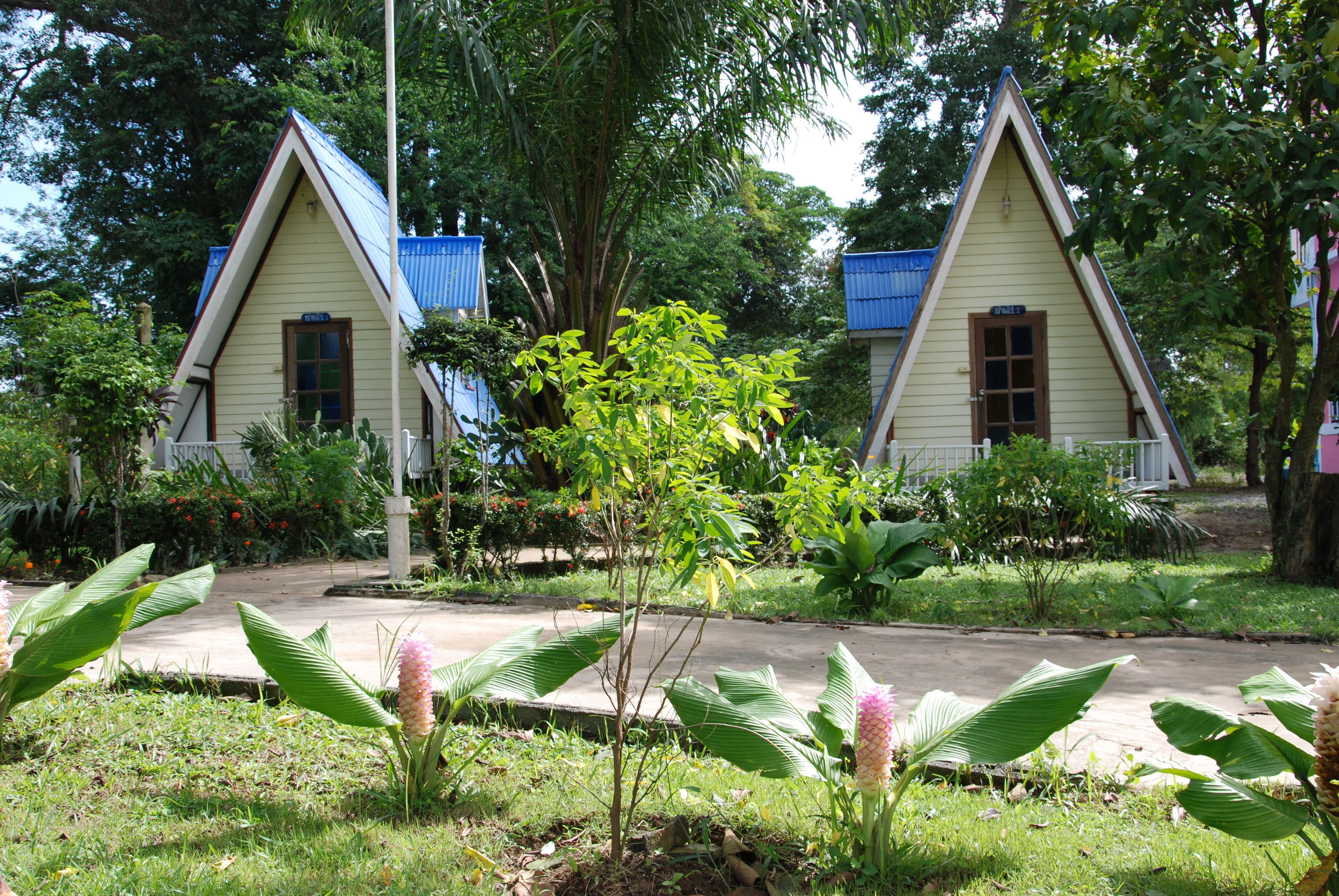 Deux petites maisons aux toits jaunes en forme de triangle, avec un jardin devant.
