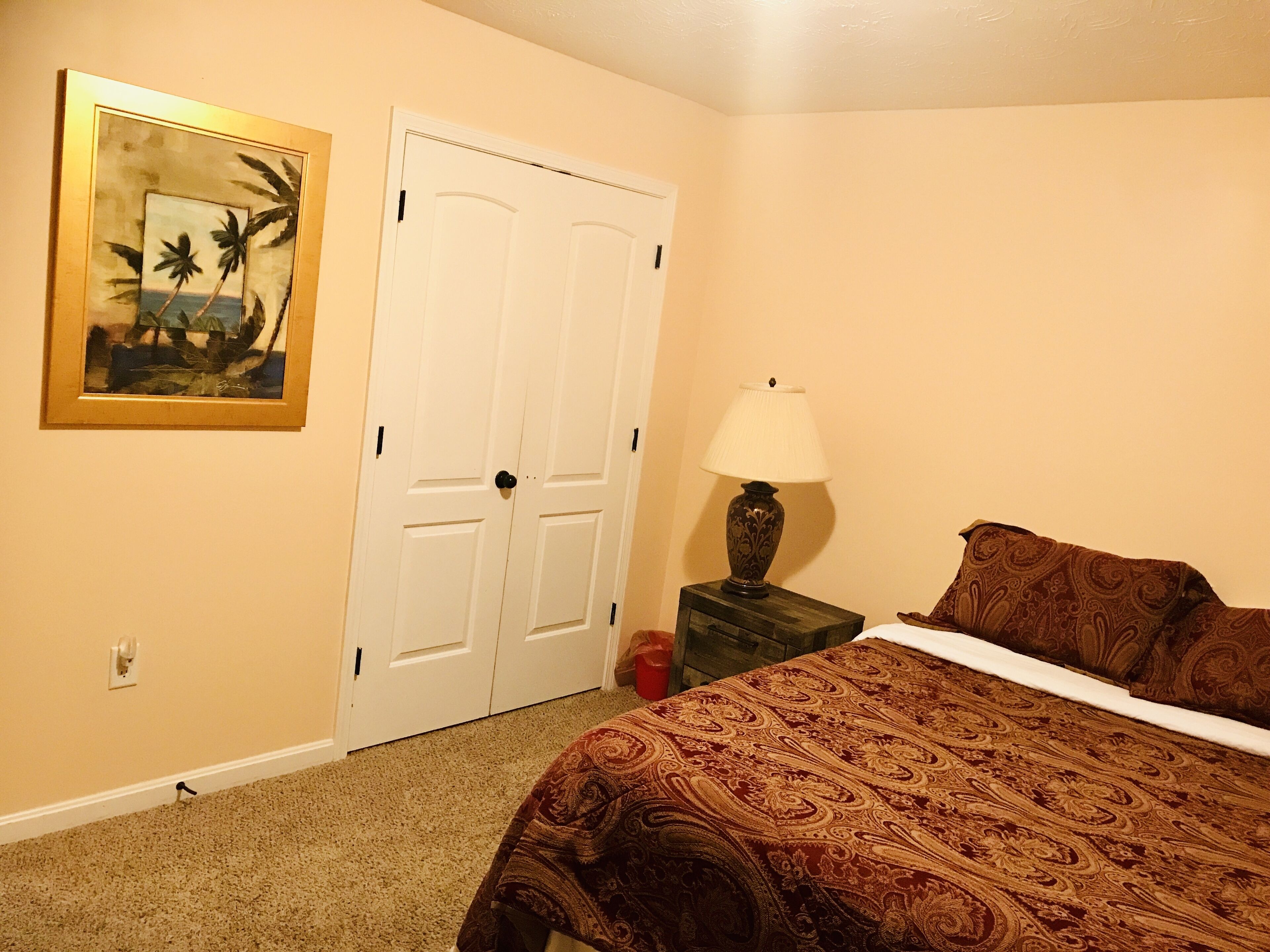 Habitación de hotel con cama, mesita de noche con lámpara, una puerta y un cuadro en la pared.