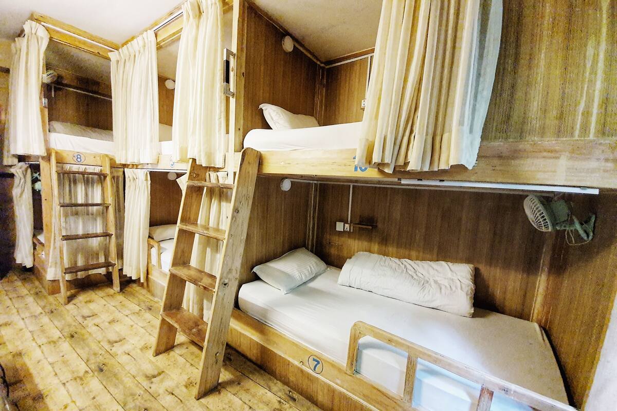 A compact cabin with bunk beds, wooden walls, and a ladder.