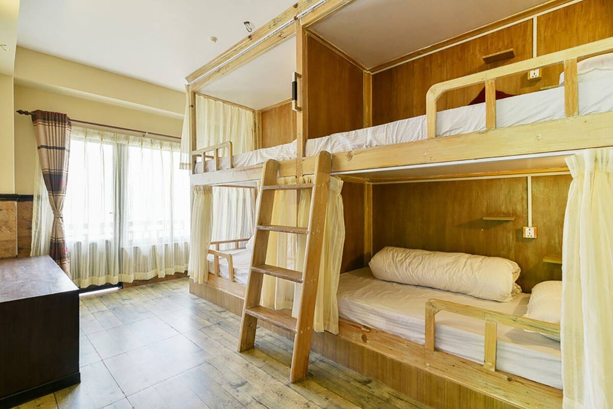 A bunk bed room with a ladder, wooden walls, and a window with curtains.