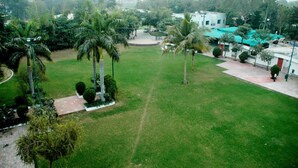 A lush green courtyard with palm trees, a central pathway, and a building with a green roof. - Hotel Kanan (Gandhinagar)
