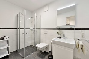 Shower, hair dryer, soap, toilet paper