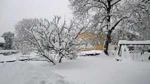 A snowy landscape with bare trees and a yellow building in the background. - Apartment in the house Heidinger (Oberaudorf)