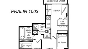 A floor plan of PRALIN 1003 with a bathroom, two simple bedrooms, a living room, a dining area, a kitchen, a balcony, and a TV.