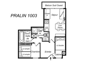 A floor plan of PRALIN 1003 with a bathroom, two simple bedrooms, a living room, a dining area, a kitchen, a balcony, and a TV.