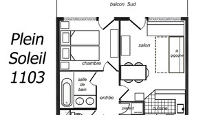 Plano de planta de una casa llamada Plein Soleil 1103, que incluye un salón, sala de estar, cocina, baño y un balcón.