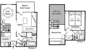 Ein Hotelgrundriss mit Essbereich, Küche, Bad und einem Balkon.