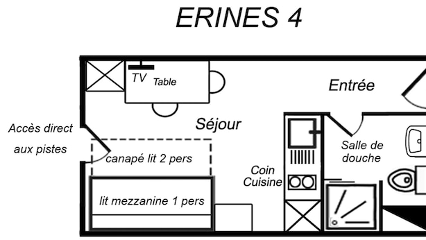 Un plan d’aménagement de chambre d’hôtel comprenant un meuble pour la télévision, un coin salon, une kitchenette et une salle de bain.