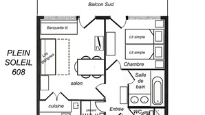 En planritning över ett hotellrum märkt "PLEIN SOLEIL 608" med en balkong, en matplats, ett badrum och en liten sällskapsrum.