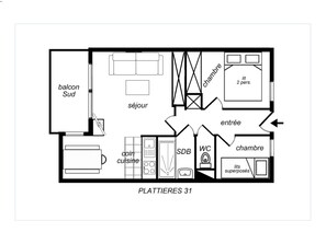 A hotel layout with a balcony, ensuite bathroom, WC, kitchen, dining area, and two bedrooms.