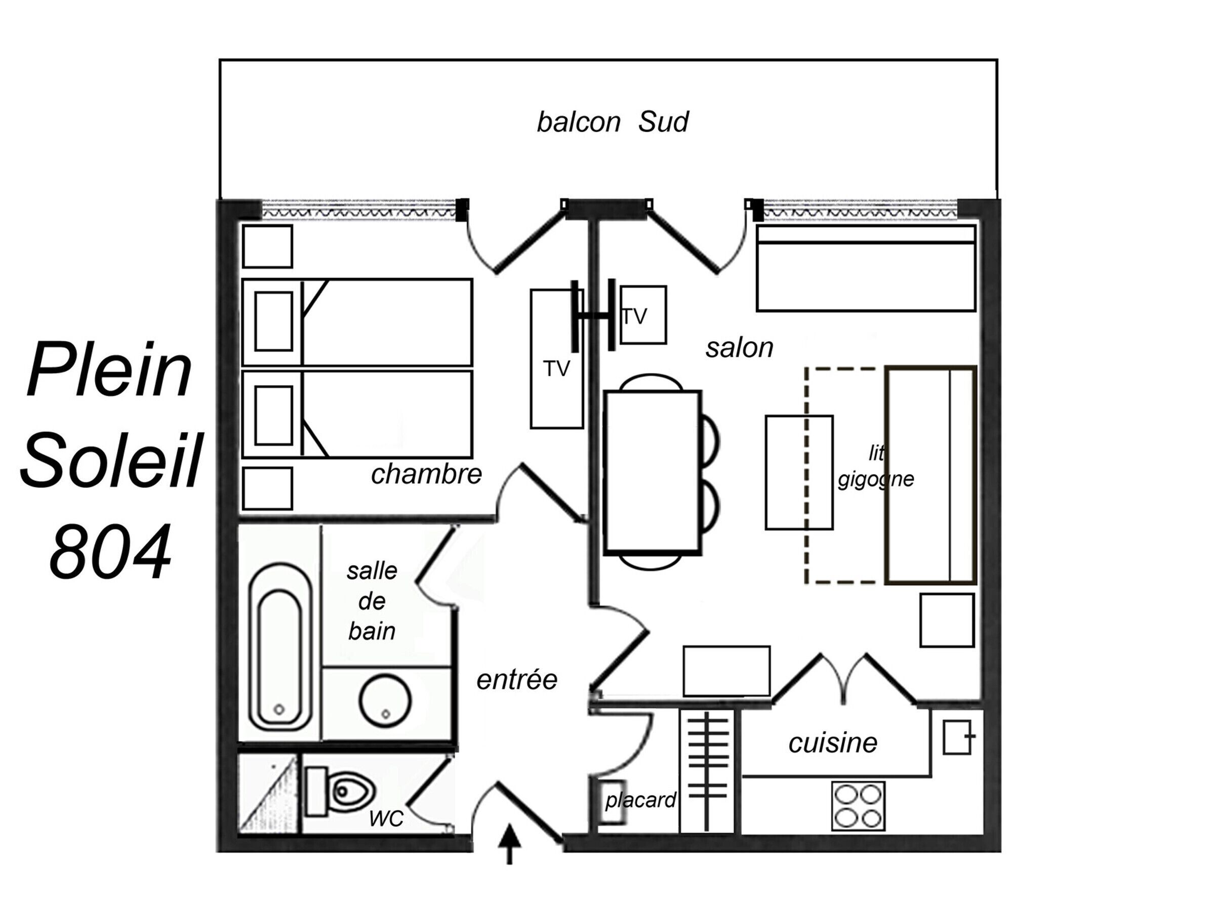 A floor plan of a hotel room labeled "Plein Soleil 804" with a balcony, TV, salon, kitchen, bathroom, and entrance.