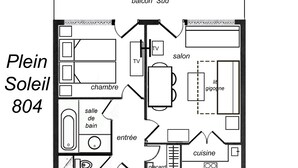 Ein Grundriss eines Hotelzimmers mit der Bezeichnung „Plein Soleil 804“, das einen Balkon, einen Fernseher, ein Wohnzimmer, eine Küche, ein Badezimmer und einen Eingang zeigt.