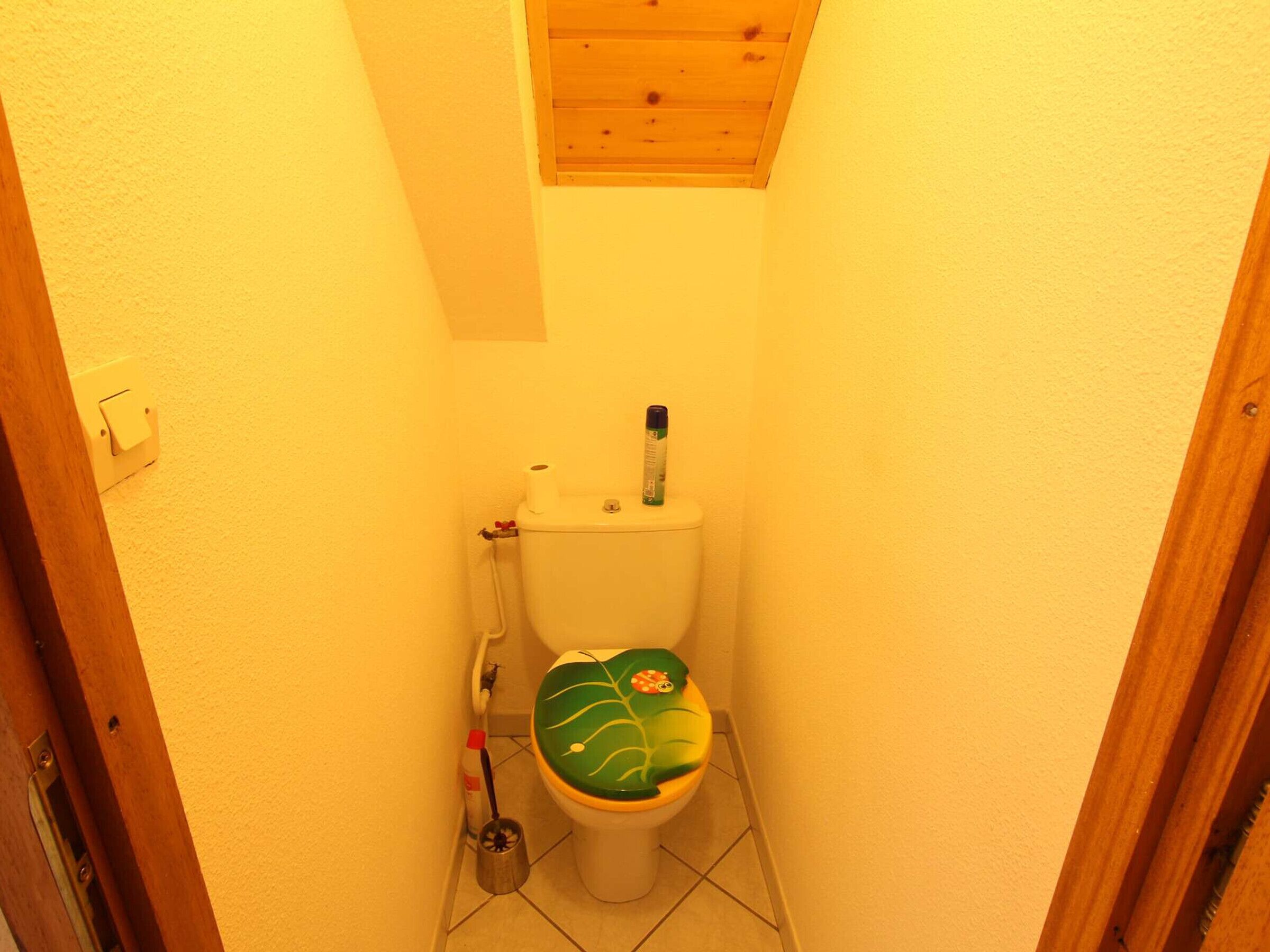 Un baño pequeño con inodoro, asiento de inodoro verde, escobilla y soporte para papel higiénico.