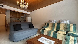 Una sala de estar con un sofá azul, un sofá verde y beige, una mesa de centro de madera y una araña.